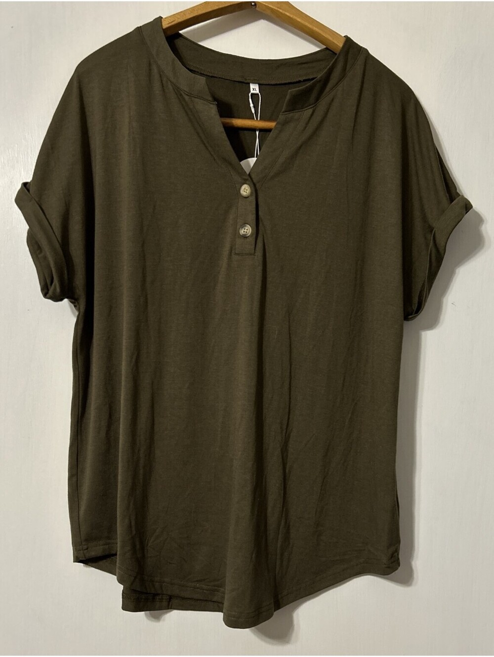 Anrabess Women's Oversized Short Sleeve Henley Top in Army Green XL